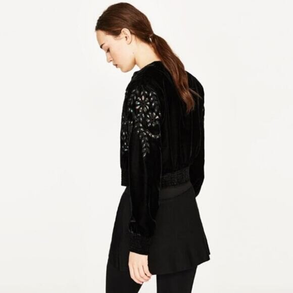 ZARA Velvet Eyelet Cut Out Bomber Jacket Size Small - Picture 4 of 9
